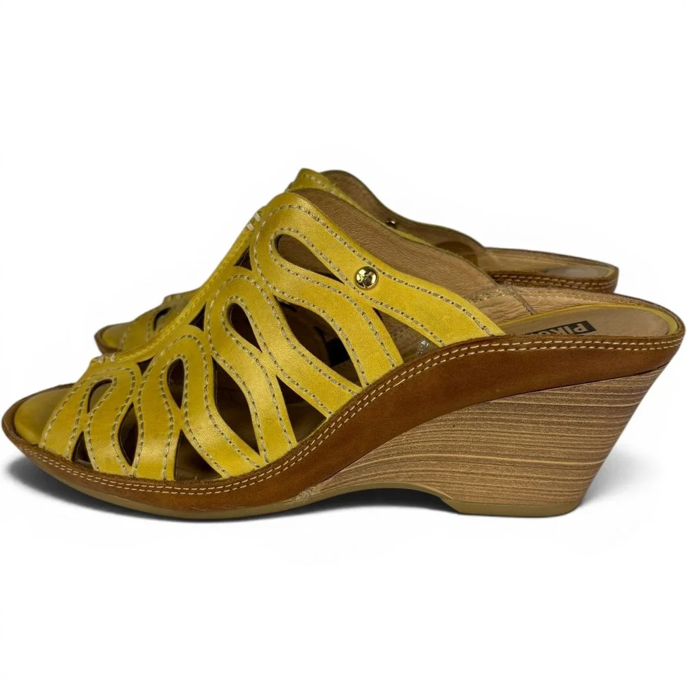 Pikolinos Womens 38 Yellow Leather Cutout Wedge Mules Sandals Peep Toe Spain